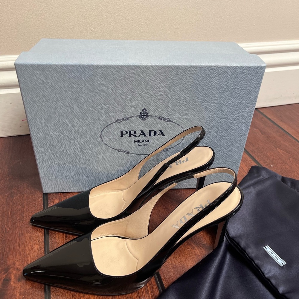 Prada Glossy Black Slingback Heels